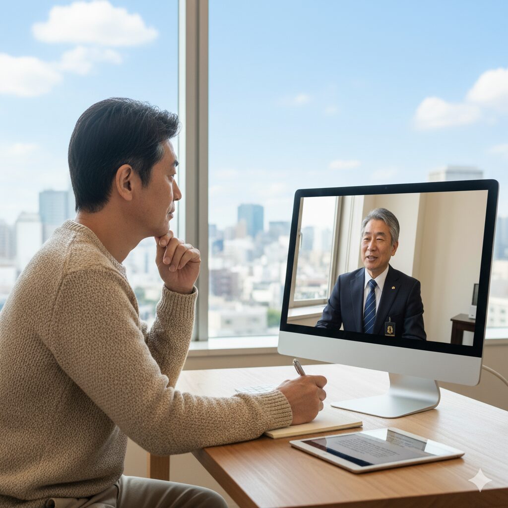 リモートで話をする男性の画像
