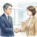 解決して握手するイラスト