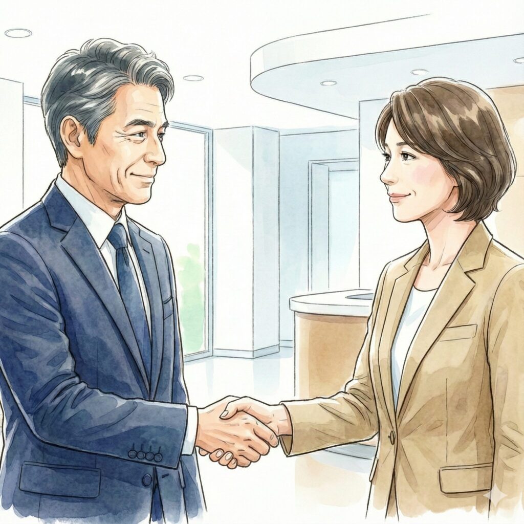 解決して握手するイラスト